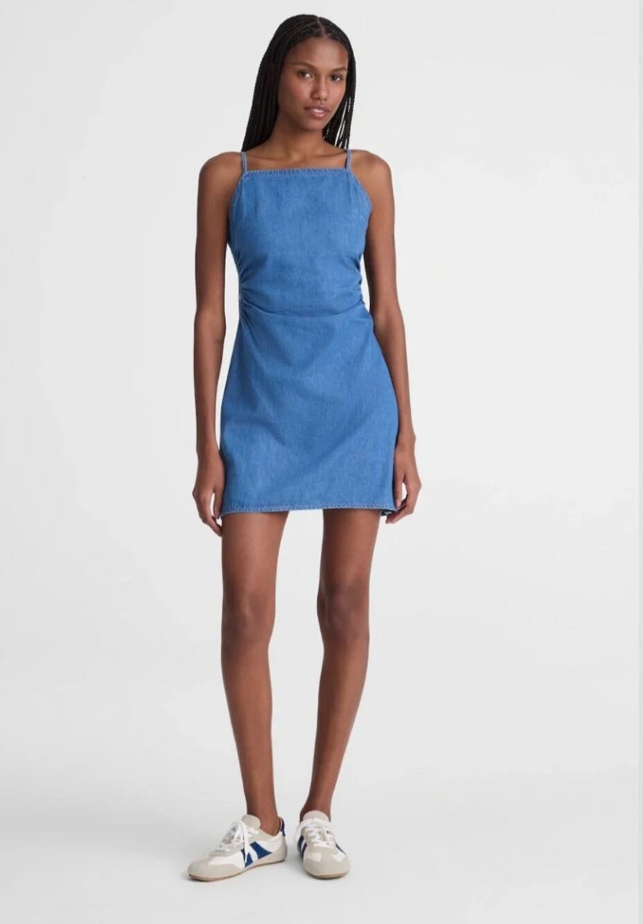 Madewell Denim Ruched Squareneck Dress 8 NWT Blue OA008 Western Coastal Smocked